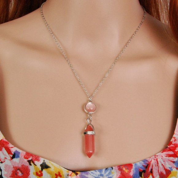 Jewelry - Red Agate Stone Bullet Shape Silvertone Necklace